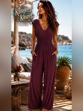 Women's burgundy V-Neck Wide-Leg Jumpsuit NWT